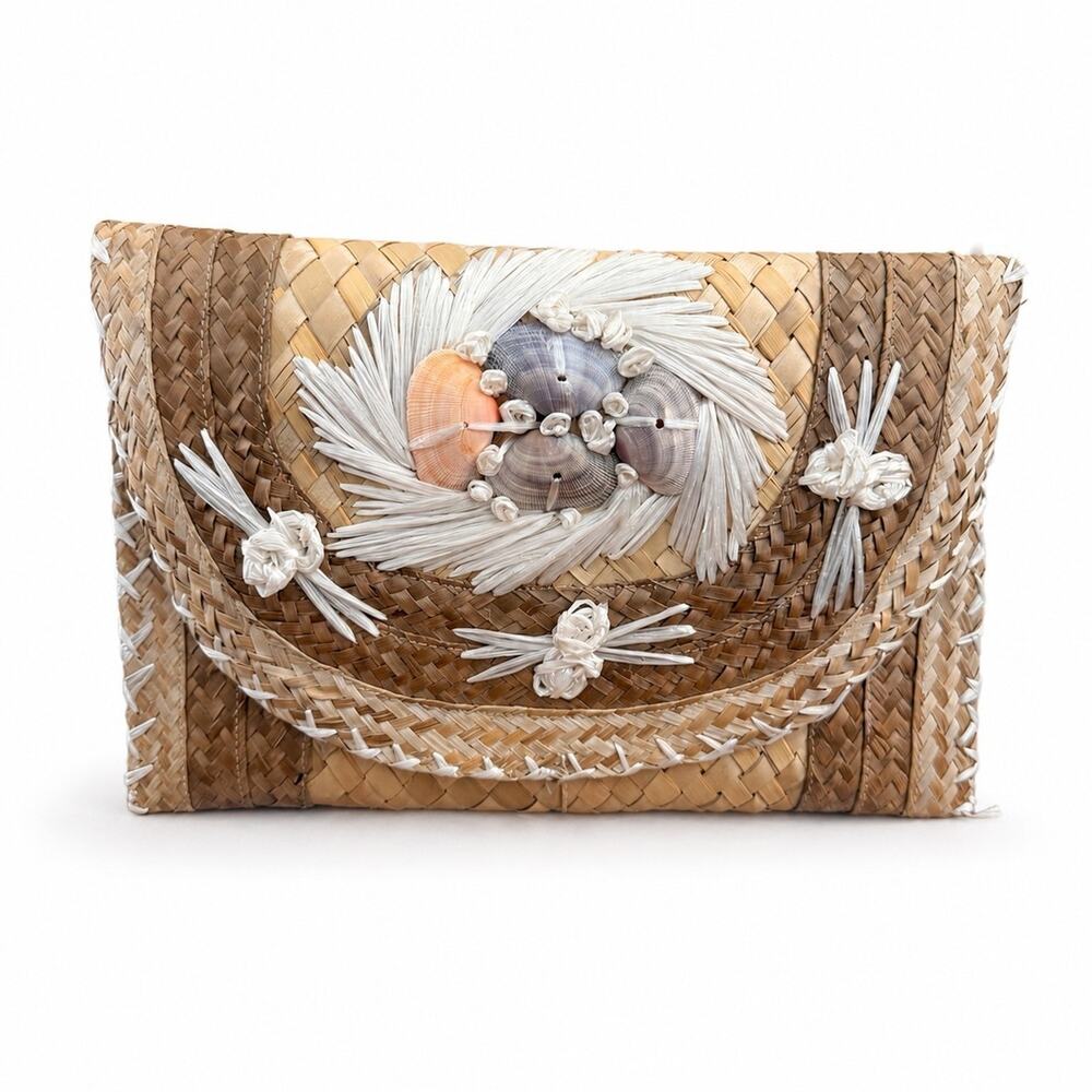 Vintage Woven Straw Seashell Clutch Purse Tropical Beach Envelope Bag Snap Close